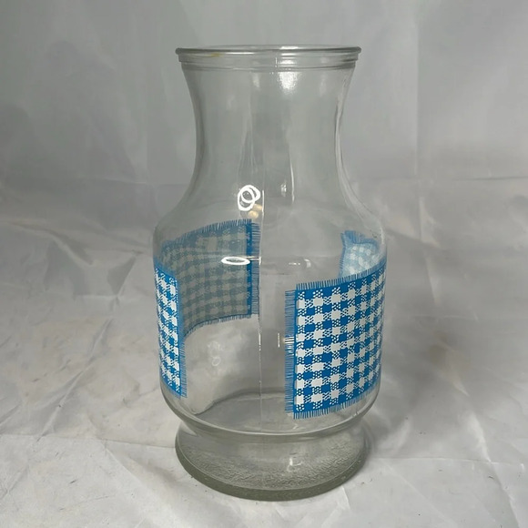 Vintage 80’s Juice Jug Clear Glass Blue White Gingham No Lid - Picture 2 of 10